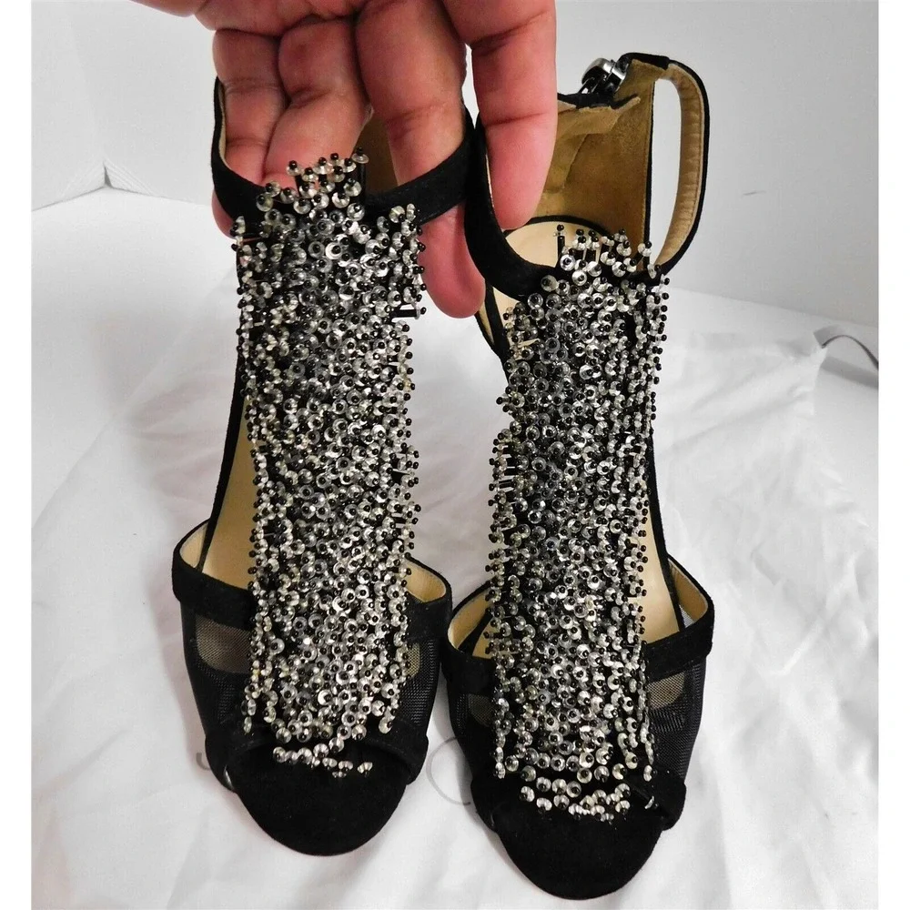 Jimmy Choo Feline $1295 Black Suede Leather Beaded Open Toe Pumps Heels Italy 37